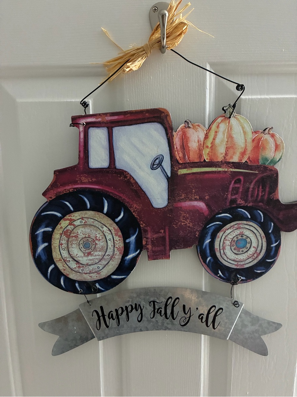 Happy Fall Y’all Red Tractor Pumpkin Fall Door Sign. Tractor is wood.Sign is tin
